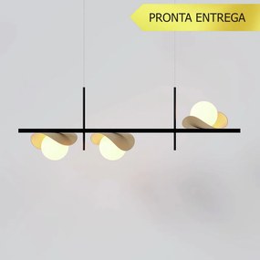 Pendente Calandra Assimétrico Linear 27X21X80Cm Alumínio E Globo Ø10Cm... (PRETO / CHAMPANHE, FOSCO)