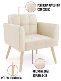 Kit 1 Sofá Namoradeira e 2 Poltronas Elisa Corino Pés Palito Natural D03 - D'Rossi - Bege