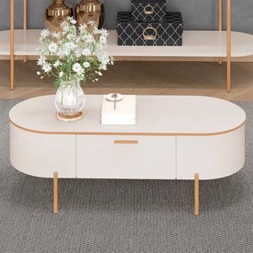 Mesa de Centro Bento com 1 Gaveta Pés Metálicos Dourados G18 - Gran Belo - OffWhite