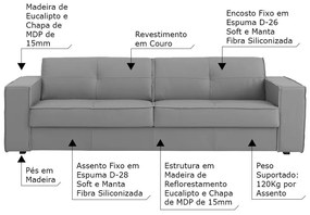 Sofá 3 Lugares Sala de Estar Pés Madeira Laus 208 cm Couro Cinza G43 - Gran Belo
