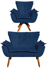 Sofá Namoradeira e Poltrona Giratória MM30 Opala Suede D03 - D'Rossi - Azul Marinho