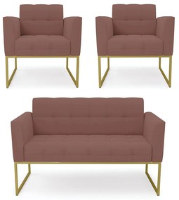 Kit 1 Sofá Namoradeira e 2 Poltronas Elisa Veludo Base Metálica Industrial Dourado - D'Rossi - Rose
