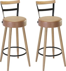 Banqueta Alta Cozinha 70cm Encosto Pé Madeira Kit 2 Kyara Pu S02 - D'Rossi - Caramelo