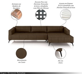 Sofá Bipartido Sala de Estar Kiara 312cm Chaise Direito Pés de Ferro Couro Marrom Manchado G52 - Gran Belo