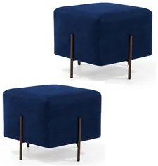 Kit 2 Puffs Decorativos 45cm Base Aço Status C-304 Veludo Azul Marinho