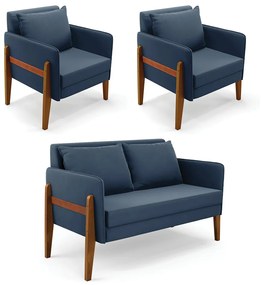 Kit 1 Sofá Namoradeira e 2 Poltronas Lana Suede Azul Marinho Base de Madeira - D'Rossi