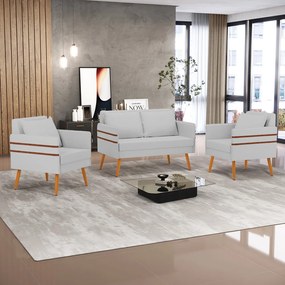 Kit 01 Namoradeira 02 Lugares e 02 Poltronas Mari Linho Cinza A05 Pés Palito Castanho - D'Rossi