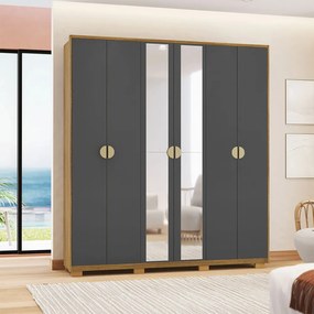 Guarda Roupa Casal Marlin 6 Portas de Bater 2 com Espelhos 4 Gavetas com Nichos MDF Nature/Chumbo G98 - Gran Belo