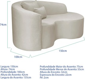 Kit Recamier Curvo Sala de Estar Inglaterra 150cm Lado Direito e 2 Poltronas Orgânica Luxo Amore Linho