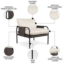 Poltrona Decorativa Estilo Industrial Lina L07 Couro Branco/Preto - Mp