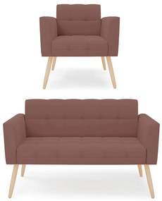 Kit 1 Sofá Namoradeira e 1 Poltrona Elisa Veludo Pés Palito Natural - D'Rossi - Rose