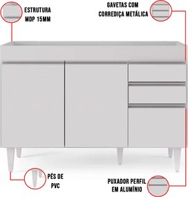 Balcão de Cozinha Lavanderia sem Tampo 02 Gavetas Beth 120 cm L06 - D'Rossi - Branco