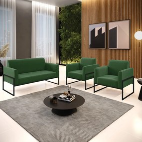 Sofá Namoradeira com 2 Poltronas Base Industrial Alta Preto Marisa Suede D03 - D'Rossi - Verde