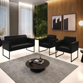 Sofá Namoradeira com 2 Poltronas Base Industrial Preto Marisa Corano D03 - D'Rossi - Preto