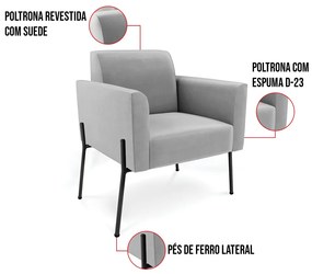 Poltrona Pé de Ferro Preto para Sala Marisa Suede D03 - D'Rossi - Cinza