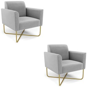Kit 2 Poltronas Base X Industrial Dourado Marisa Suede D03 - D'Rossi - Cinza