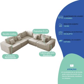 Kit Sofá Modular 5 Lugares Moderno Curvo Orgânico Adapt Linho - ADJ Decor