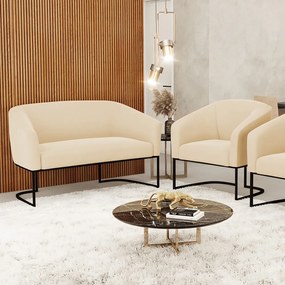 Sofá Namoradeira e Poltrona Base Industrial Preto Stella Suede D03 - D'Rossi - Bege