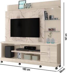 Estante de TV 55 Pol 182cm com Rodízio para Sala Elaris Calacata/Off White M20 - D'Rossi