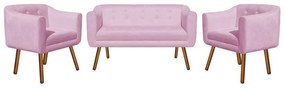 Kit 01 Namoradeira 02 Lugares e 02 Poltronas Julia Suede Rosa Bebê Pés Palito Castanho D'Rossi