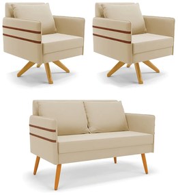 Kit 01 Namoradeira 02 Lugares e 02 Poltronas Mari Suede Base de Madeira MA30 - D'Rossi - Bege