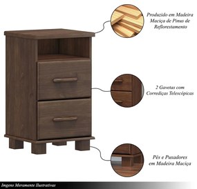 Mesa de Cabeceira 2 Gavetas Madeira Maciça Naipe Café G74 - Gran Belo