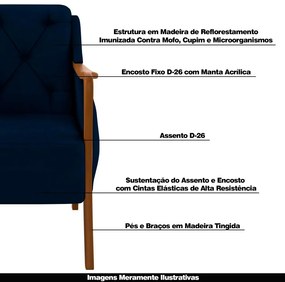 Poltrona Namoradeira Decorativa 2 Lugares Braços em Madeira Hand Veludo Azul Marinho G45 - Gran Belo