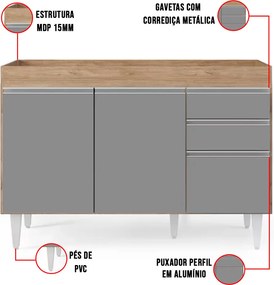 Balcão de Cozinha Lavanderia sem Tampo 02 Gavetas Beth 120 cm L06 - D'Rossi - Castanho e Cinza