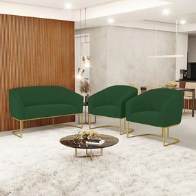Namoradeira e 2 Poltronas Industrial Dourado Stella Veludo D03 - D'Rossi - Verde