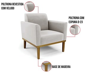Kit 2 Poltronas Base de Madeira Fixa Castanho Marisa Veludo  D03 - D'Rossi - Cinza