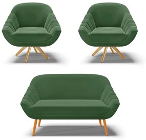 Kit 01 Namoradeira 02 Lugares e 02 Poltronas Giratória Giovana Suede Verde Base Madeira MA30 - D'Rossi