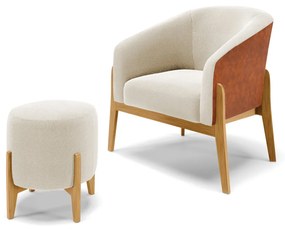 Poltrona e Puff Decorativo Base Madeira Stella PU Nozes/Bouclê D03 - D'Rossi - Bege