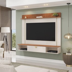 Painel Decorativo para TV 70" Vittar Ripado Canelado Porta Basculante OffWhite/Freijó G18 - Gran Belo