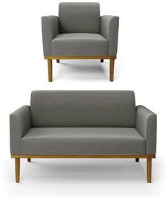 Conjunto Poltrona e Namoradeira Decorativa Isabella Pés Fixo em Madeira Castanho Suede Grafite G19 - Gran Belo