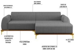 Sofá 245cm 4 Lugares com Chaise Direito Pés Gold Molino C-416 Linho Ci