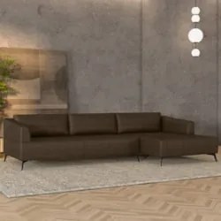 Sofá 4 Lugares 286cm Com Chaise Direito Eko Couro Castanho Z55 - Mpoze
