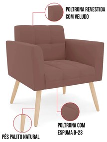 Kit 1 Sofá Namoradeira e 2 Poltronas Elisa Veludo Pés Palito Natural D03 - D'Rossi - Rose