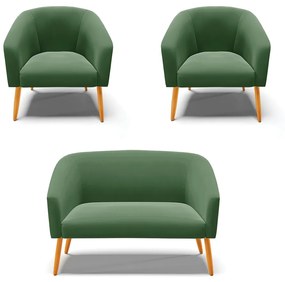 Namoradeira e 2 Poltronas Pé Palito Castanho Stella Suede Verde D03 - D'Rossi