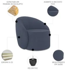 Sofá 2 Lugares 140cm Wendi e Poltrona Steve Suede Azul Marinho I01  -