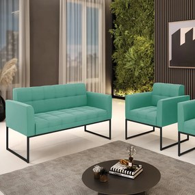 Kit 1 Sofá Namoradeira e 1 Poltrona Elisa Suede Base Metálica Industrial Preto D03 - D'Rossi - Azul Turquesa