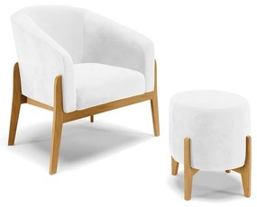 Poltrona com Puff Base de Madeira Stella Sintético PU Branco D03 - D'Rossi