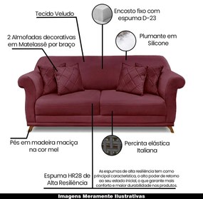Sofá Decorativo 160cm 2 Lugares com 4 Almofadas Armstrong Veludo Vinho G63 - Gran Belo
