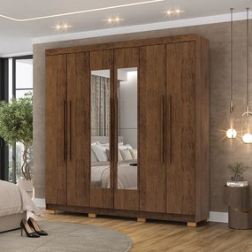 Guarda Roupa Casal Doral 6 Portas de Bater 2 com Espelhos 2 Gavetas Nogueira G98 - Gran Belo