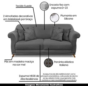 Sofá Decorativo 220cm 3 Lugares com 4 Almofadas Armstrong Suede Cinza G63 - Gran Belo