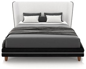 Conjunto Cama com Cabeceira Casal Torres Pés em Madeira PU/Bouclê Preto/Off White G91 - Gran Belo