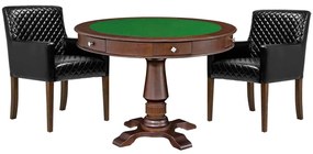 Mesa de Jogos Carteado Victoria Redonda Tampo Reversível Imbuia com Kit 2 Cadeiras Liverpool PU Sintético Preto Matelassê G36 G15 - Gran Belo