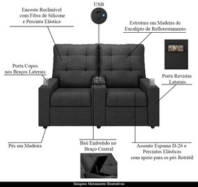 Poltrona do Papai Reclinável Sala de Cinema Movie 2 Lugares Manual Baú USB Linho Chumbo G23