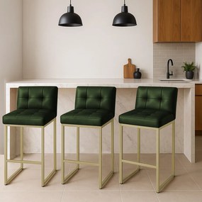 Banqueta Cozinha Alta com Encosto Industrial Kit 3 Champanhe Lirina PU Verde C05 - D'Rossi