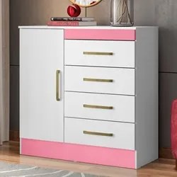 Cômoda Para Quarto  Flex 1 Porta 4 Gavetas Montevideu D02 Branco/Rosa/
