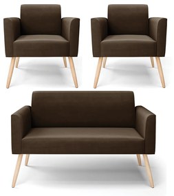 Sofá Namoradeira com 2 Poltronas Pés Palito Natural Marisa Suede Marrom D03 - D'Rossi